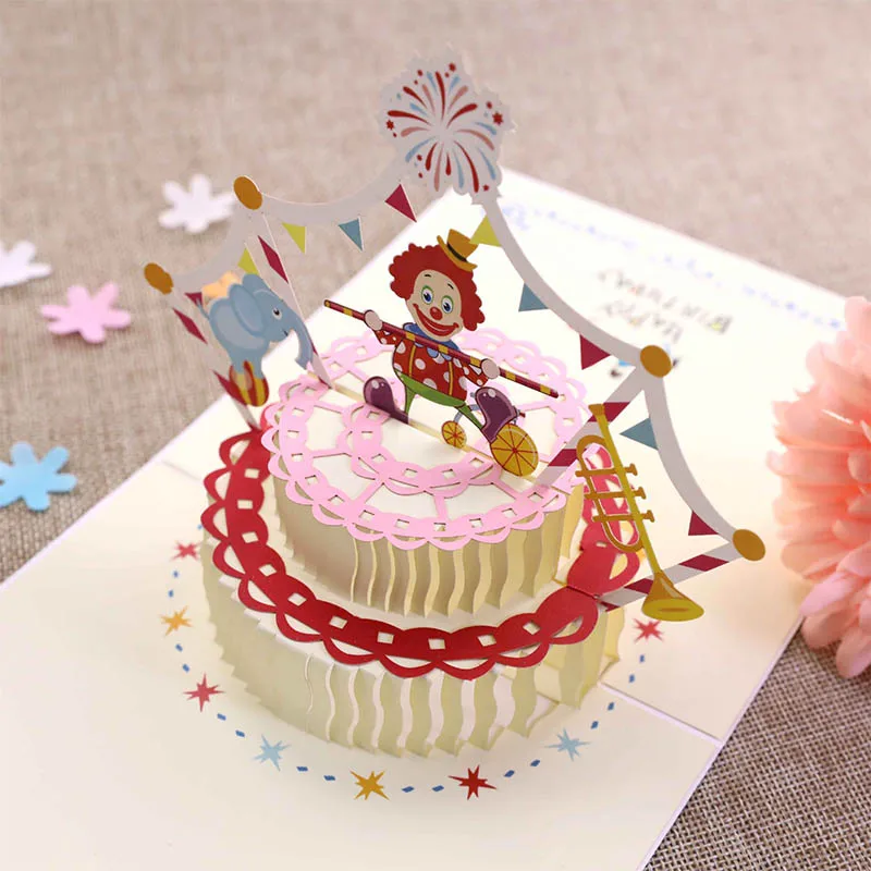  Funny Cartoon Clown 3D Birthday Cake Greeting Card Handmade Party Invitation Paper 1Pcs Rainbow Col - 33001737263