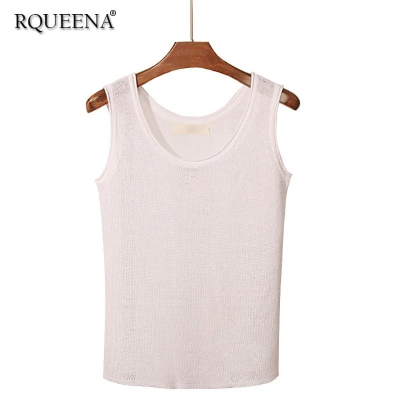 

Rqueena Korean Women Tank Top Black/White Knitted Tank Tops Solid Linen Womens Sleeveless O-Neck Summer Tops For Women TT006