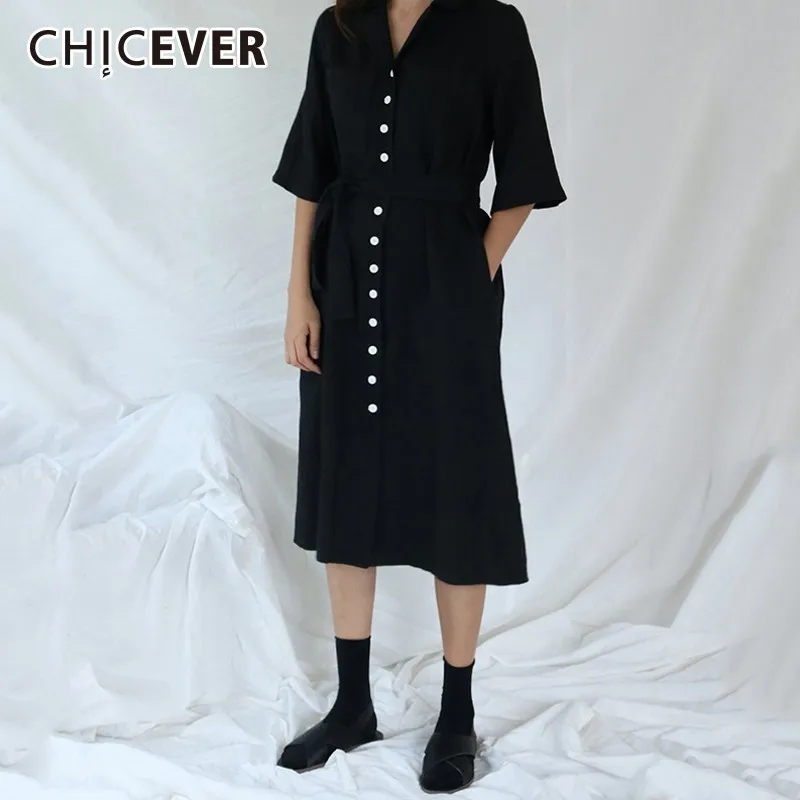 

CHICEVER Cotton Line Vintage Women's Dresses Female Half Sleeve High Waist Bandage Midi Dress For Women Korean Spring New 2019