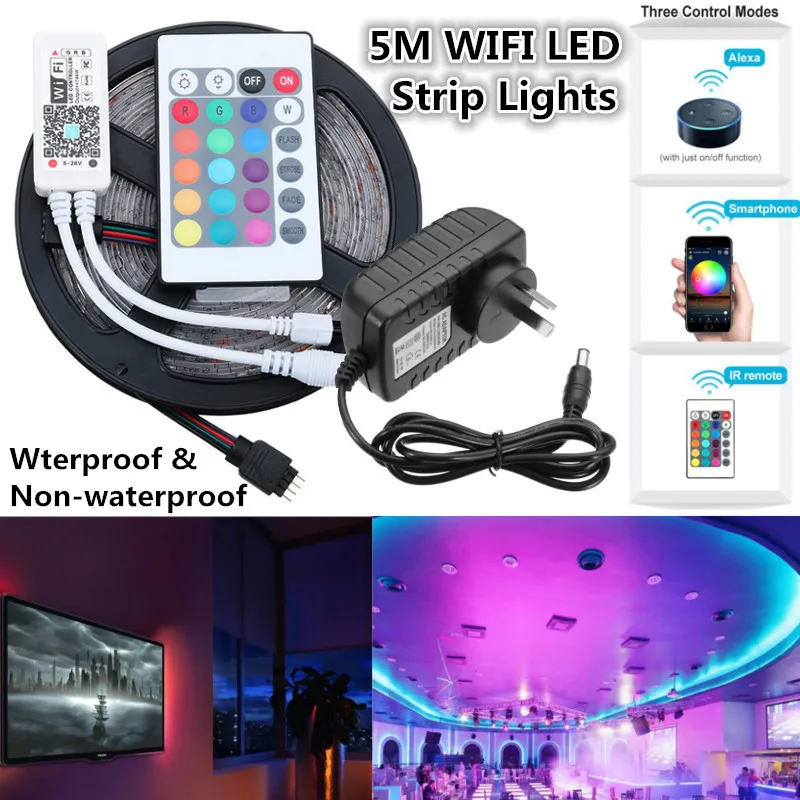 

Smuxi 5M RGB LED Strip Light 2835 SMD Waterproof Flexible LED Ribbon With WIFI Controller + DC12V Power Adapter