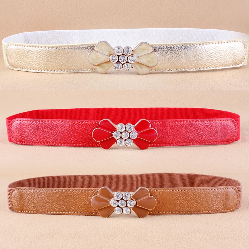 

Adjustable Waist Belts Pink Enamel Bow Strap Belt Flower Cicada Buckle Gold Plated Adjust PU Leather Thin Gifts Women Rhinestone