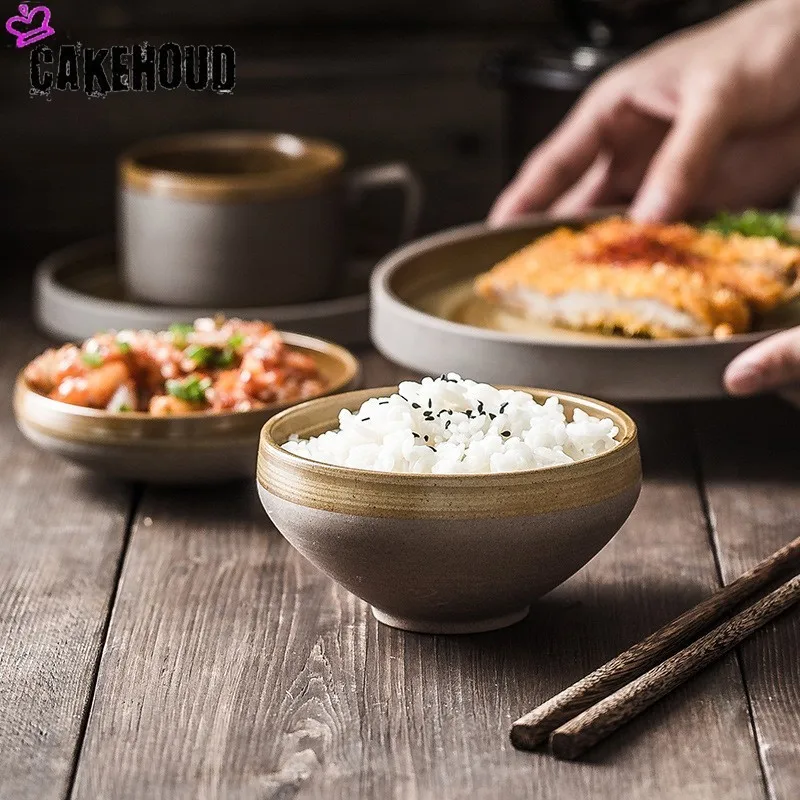 

CAKEHOUD Japanese-style Tableware Ceramic Steak Dish Rice Bowl Easy To Clean Home Bowl Dessert Plate Snack Plate Cutlery Set
