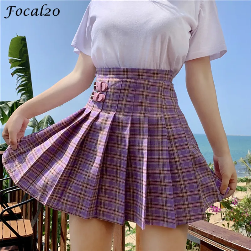 

Focal20 Buckle Plaid Pleated Women Skirt High Waist Mini Skirt Above Knee Purple A-Line Skirt Female
