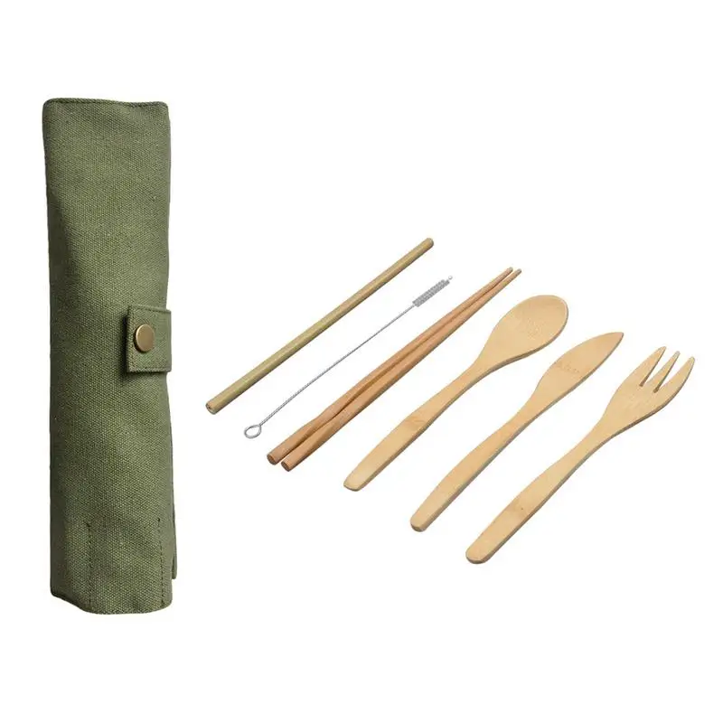 

6-Piece Wooden Cutlery Set Hand-polished Bamboo Cutlery Straw Cutlery Set With Cloth Bag Kitchen Cooking Tools Easy To Carry