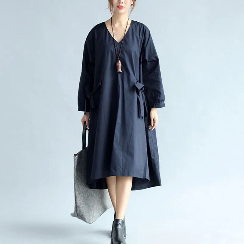 

LANMREM Fashion Loose Bows V-neck Collar Autumn Irregular Women Dress 2018 Long Sleeve Female Clothes High Quality AS1912