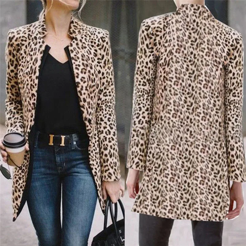 

HIRIGIN Newest Leopard Jacket Women Slim Tops Warm Casual Winter Cardigan Long Sleeve Coats