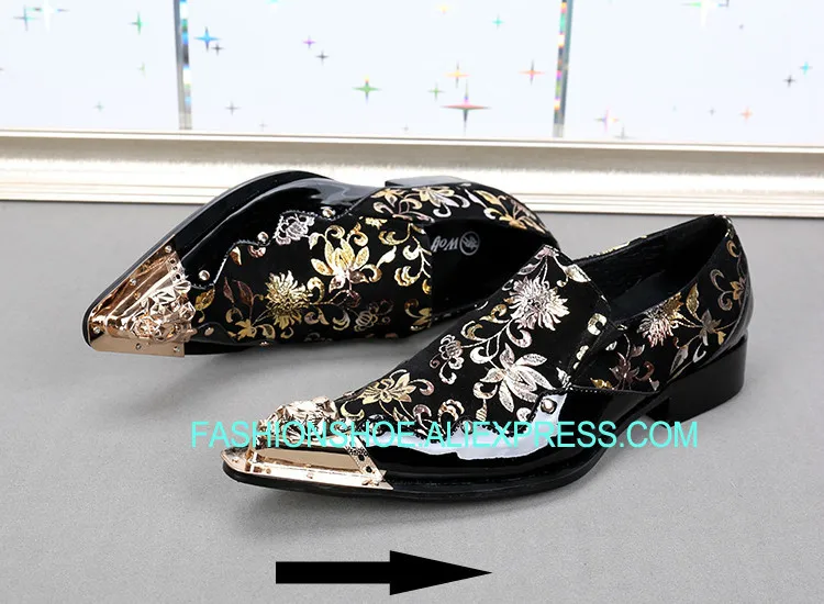

Fashion Print leather Man Oxfords Cow Patent leather Metal Pointed toe Slip on Dress Wedding Shoes Slip on Driving Shoes Size 46