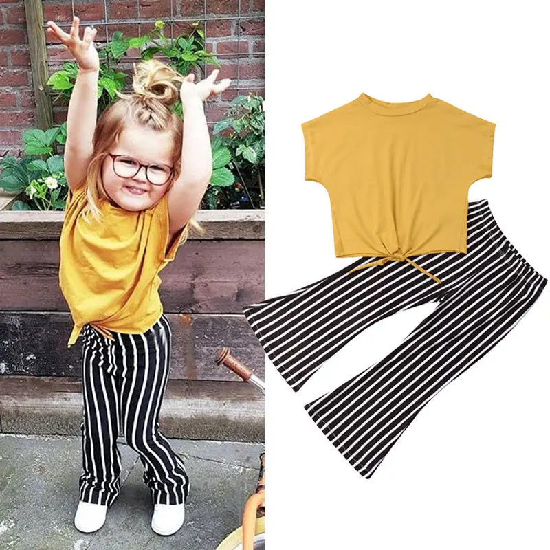 2-7Y Summer Cute Lovely Infant Kids Baby Girls Sets Yellow Short Sleeve T-Shirts Tops+Striped Pants | Детская одежда и обувь