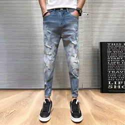 Новые летние мужские узкие джинсы мода мыть сплошной цвет Рваные дыры джинсовые штаны человек уличная хип хоп мотобрюки Мужской одежда