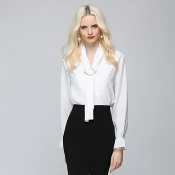 

High Quality 2019 Summer Office Lady White Blouses Shirt Designer Ribbon Bow Long Sleeve Fashion Women Blouse Tops Clothes