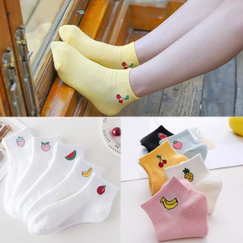 

1Pair Korean High Quality Spring Girls Women Autumn 2019 New Cotton Popular Comfortable Cute Fruit Printed Boat Socks