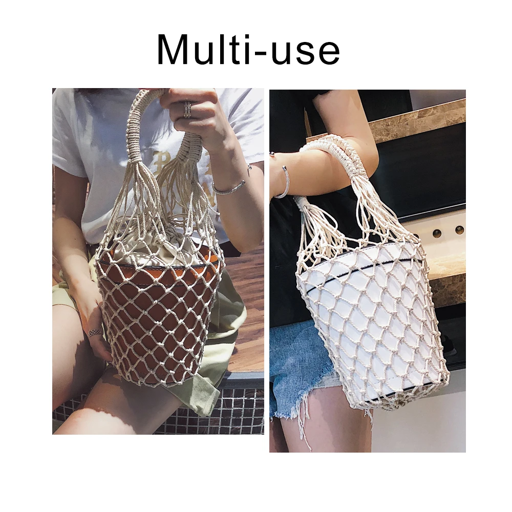 Women Net Bag Bucket Handbags Fashion Hollow Out Leather Tote Summer Travel Beach Bag Female Hand Bags
