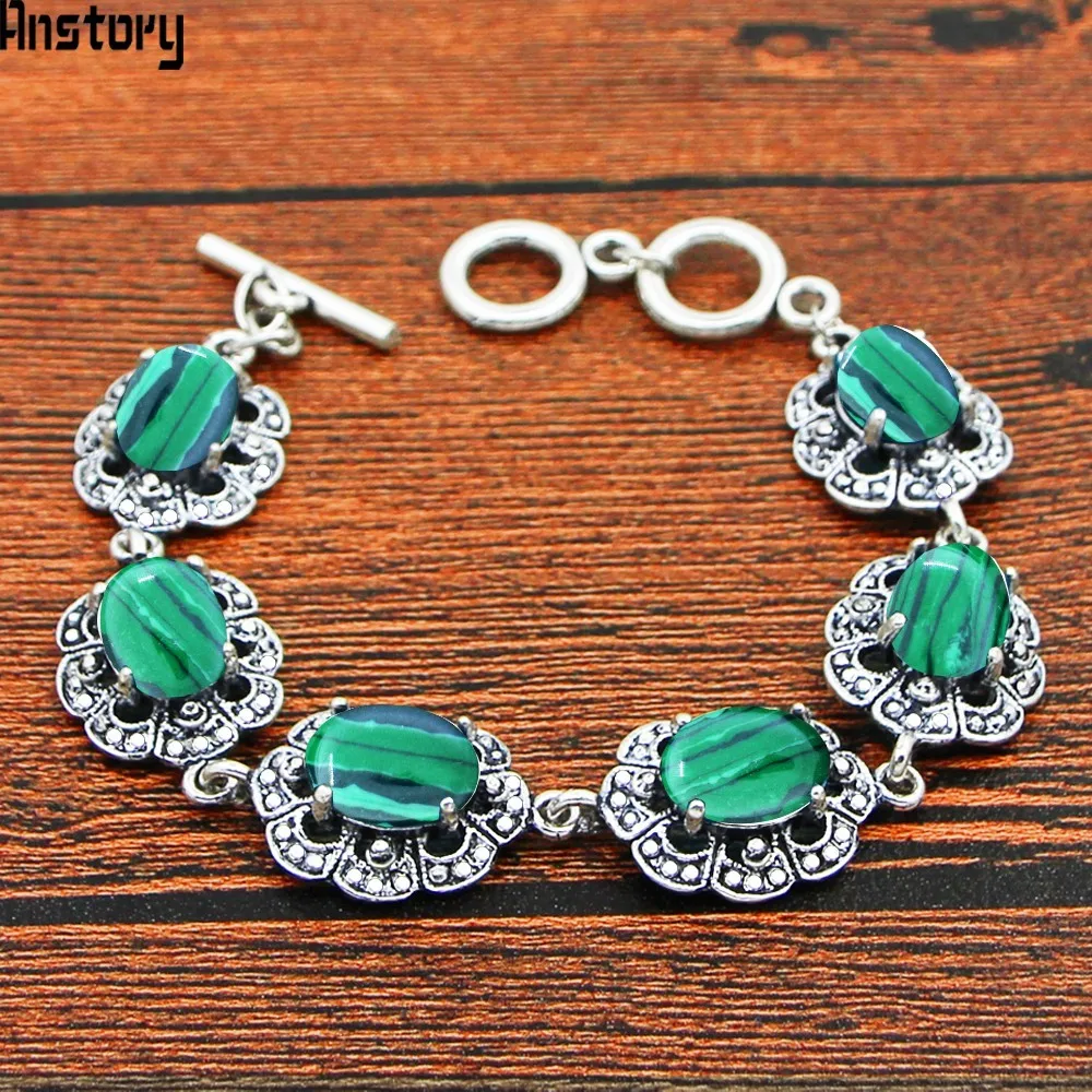Oval Malachite Stone Crystal Vintage Look Antique Silver Plated Fashion Jewelry For Woman TB349|Браслеты с шармами| |