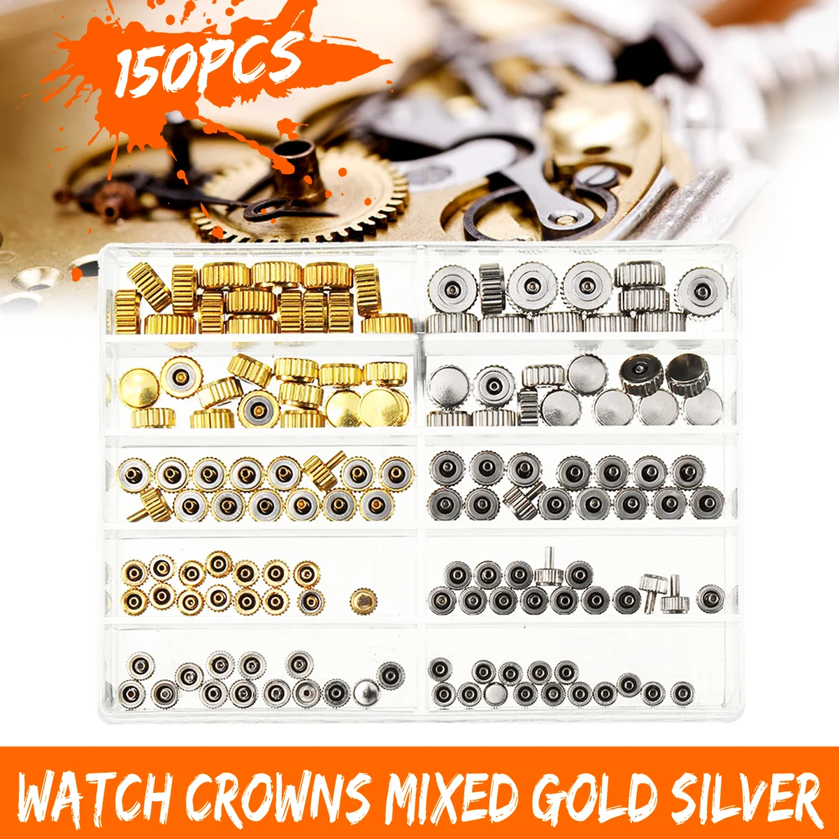 

Waterproof Watch Crown Parts Replacement Assorted Gold & Silver Dome Flat Head Watch Accessories Repair Tool Kit for Watchmaker