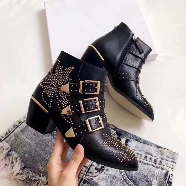 

2018 Shoes Woman High Heels Ankle Boots Metal Decor Belt Buckle Rivet Embroider Boots Woman zapatos de mujer
