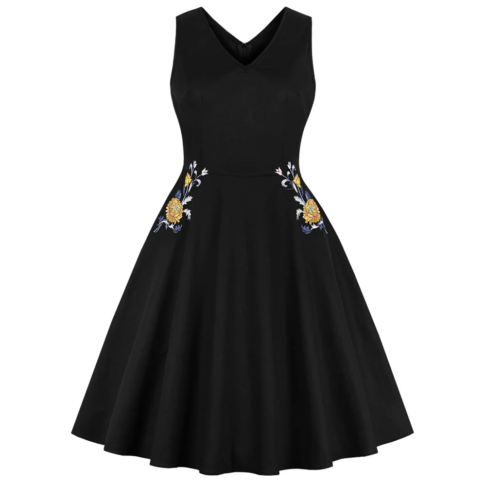 

Wipalo Women Floral Embroidery Hepburn Vintage Dress Spring Summer V-Neck Sleeveless A Line Corset Retro Party Dress Vestidos