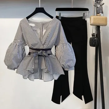 

2019 Summer Office Lady 2 Piece Set Women Sexy V Neck Puff Sleeve Striped Blouse Bow Tie Shirt Top + Split Pencil Flare Pant Set