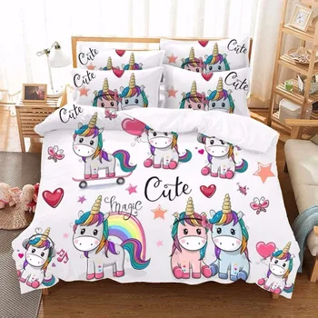 

Rainbow Unicorn Kids Bedding Set For Girl Single Korean Designer Bedding Set Anime Bed Dovet Cover Cartoon Luxury Home Textile