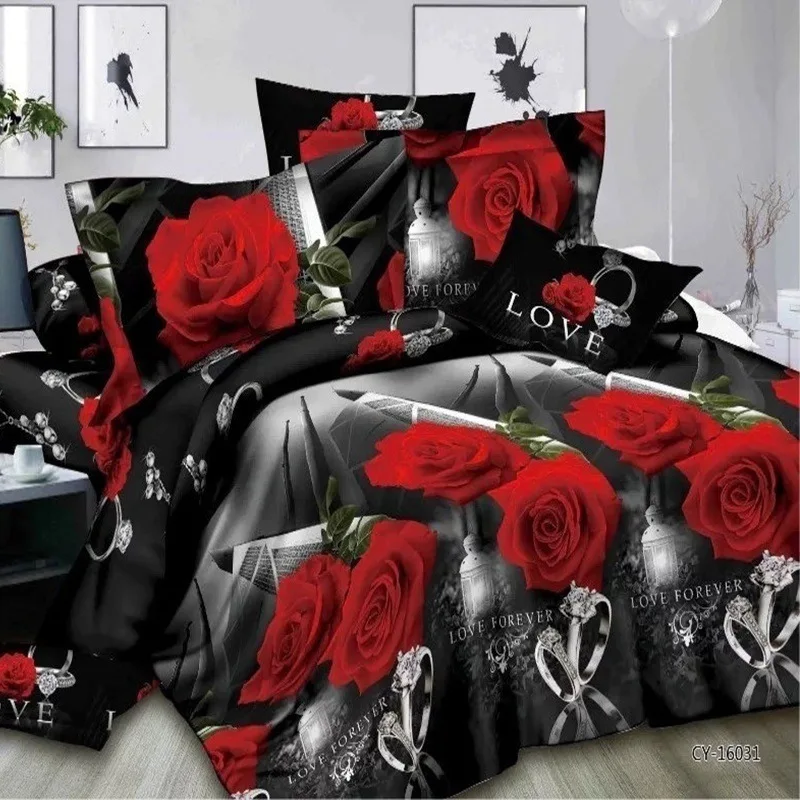 2/3/4 pcs 3 3D روز خاتم الماس الزفاف الفراش مجموعات التوأم الملك الملكة حجم السرير لحاف مجموعة غطاء المخدة المفرش أغطية