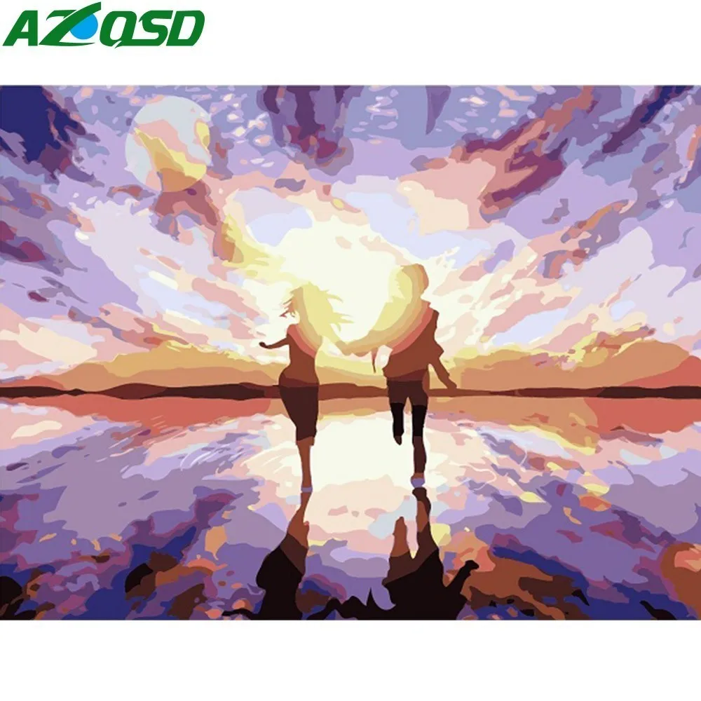 

AZQSD Girl Boy Painting By Numbers Oil Painting Paint Canvas Picture DIY sunset Scenery Hand Painted Modern K106