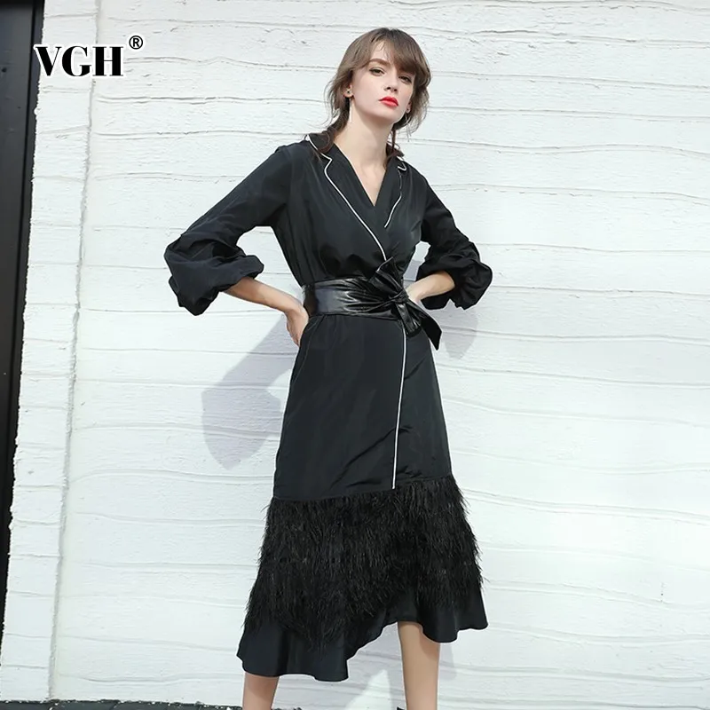

VGH Women's Coat Three Quarter Lapel Collar Slim Sashes Spliced Feathers Hem Trench Coat For Women Windbreaker 2019 Fashion New