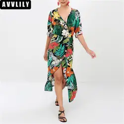 2019 Summer Dress Women Floral Print Bohemian Chiffon Maxi Dress Vintage Sexy V-neck Long Holiday Beach Party Dresses Vestidos