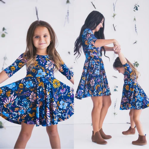 

New Parent-child Family Mother&Daughter Clothes Floral Print Half Sleeve Mini Dress Matching Outfits Set Blue