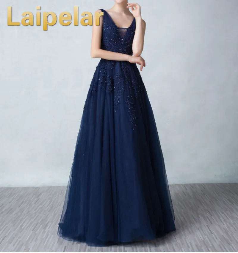 Laipelar 2019 Vestidos de Темно-синие трапециевидной формы Платья для вечеринок Vestido вечернее v-образным вырезом Элегантные аппликации выпускного