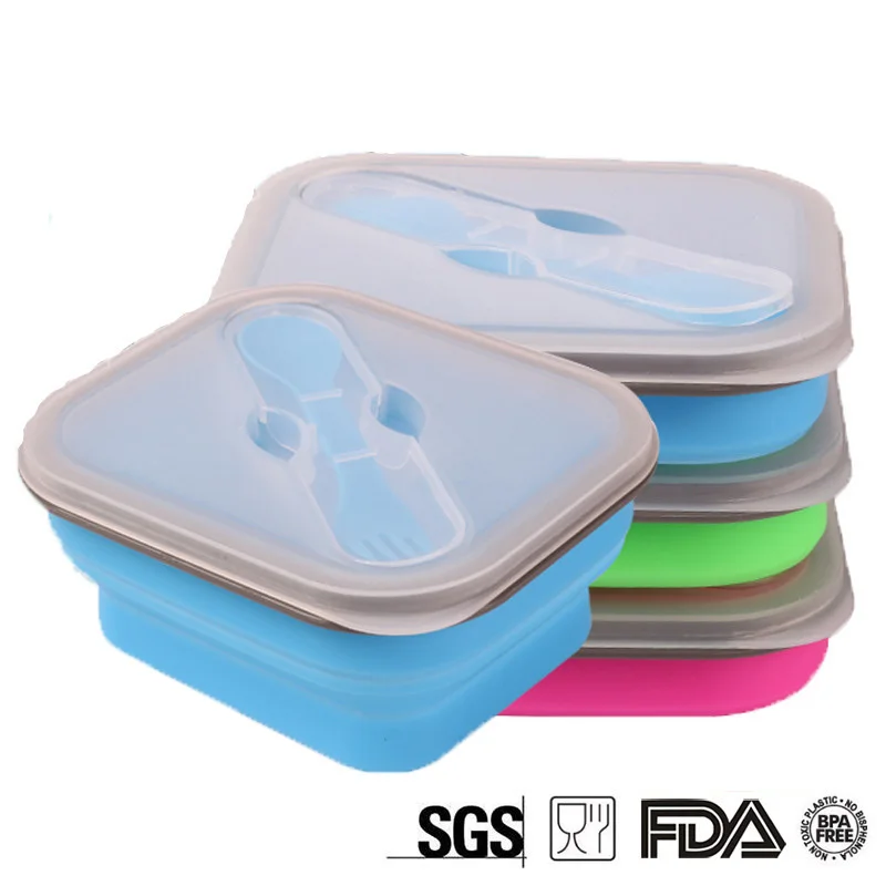 

Silicone Lunch Box Portable Bowl Colorful Folding Food Container Lunchbox 600ml With Fork Eco-Friendly