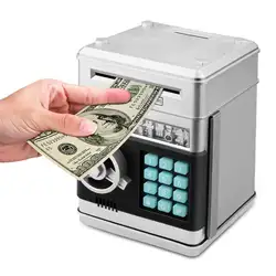 Мультфильм электронный ATM пароль копилка монета может авто прокрутки бумага экономия денег коробка подарок для детей (серебристый + черный)