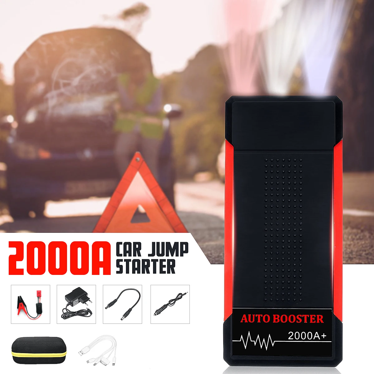 

12V 2000A Peaks LED Portable Auto Jump Starter Emergency Start Power Bank Auto Mobile Charging Car Battery Booster