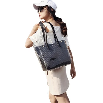 

2Pcs Composite Bags Summer Beach Bags Weave Tote Women Straw Bags Ladies Pvc Shoulder Bags Handbags Purses Female