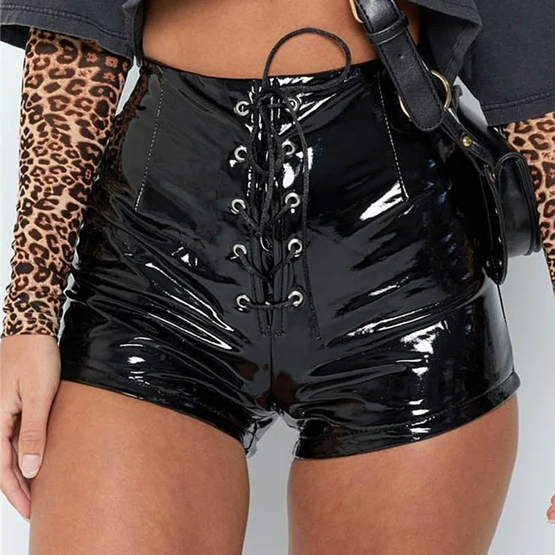 

Women Sexy High Waist Lace Up Casual Drawstring Shorts Red PU Bandage Bodycon Shorts 2019 New Fashion Fur Bottoms 558