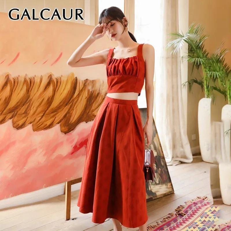 

GALCAUR Spring Solid Women Two Piece Set Off Shoulder Strap Ruched Tops High Waist Loose Midi Skirt Female 2019 Fashion New