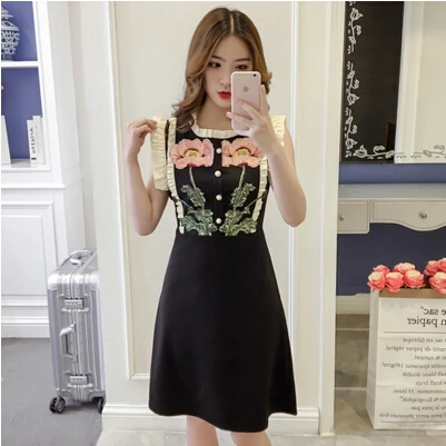 

High Quality Newest 2019 Design Runway Summer Dress Embroidered Flowers Sleeveless Women Plus Size Dress Vestidos