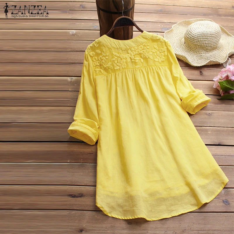 2019 ZANZEA الصيف النساء أنيقة V الرقبة كم طويل فضفاض القطن الكتان قمم حزب قميص عارضة خمر التطريز العمل OL بلوزة