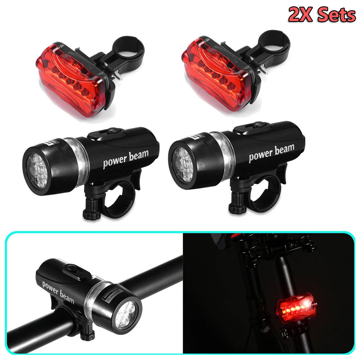 2x Sets LED Lamp Bike Bicycle MTB Front Head Light + Rear Safety
