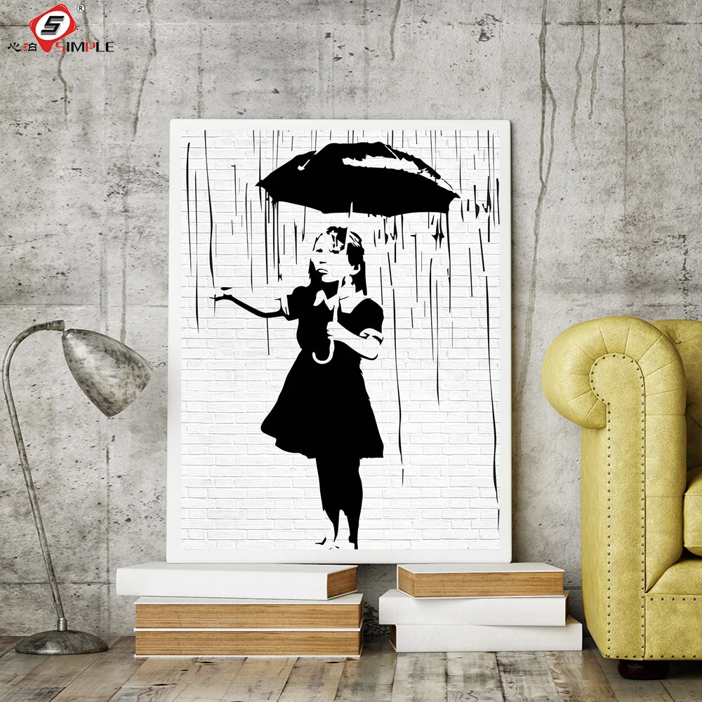 Simple The Girl with Umbrella Under The Rain Banksy Graffiti Style