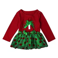 Газовое платье с рождественской елкой для маленьких девочек, модная повседневная одежда с длинными рукавами и круглым вырезом для