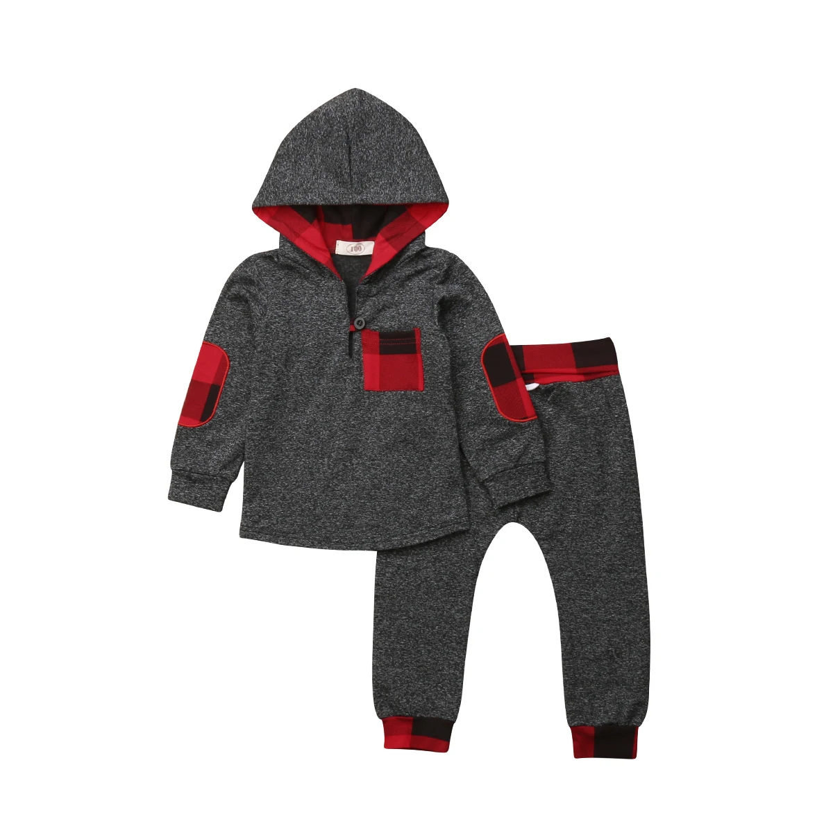 Newborn Baby Girls Boys Warm Plaid Hooded Sweatshirt+Pants 2PCS Outfits Clothes Set