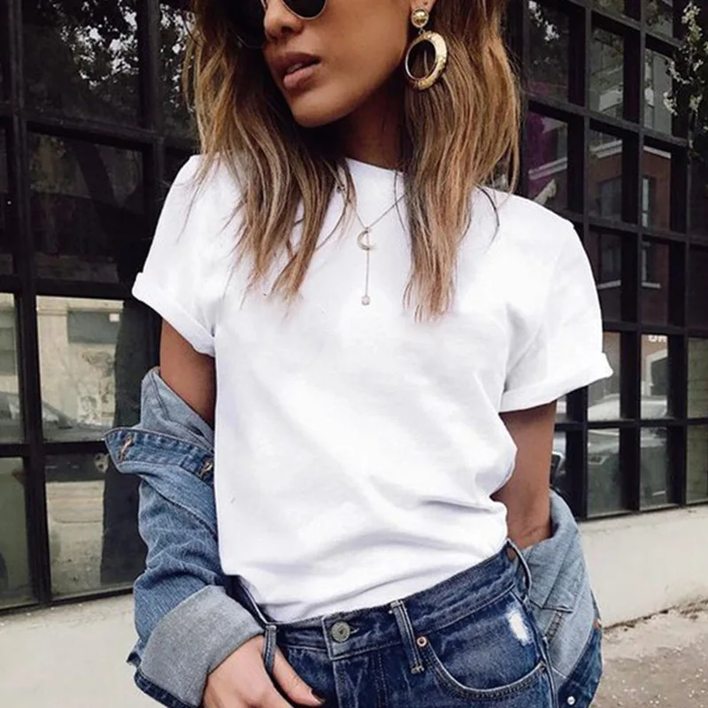 

Women Summer Short-sleeved T-shirt Female Solid Color O-neck bottoming shirt