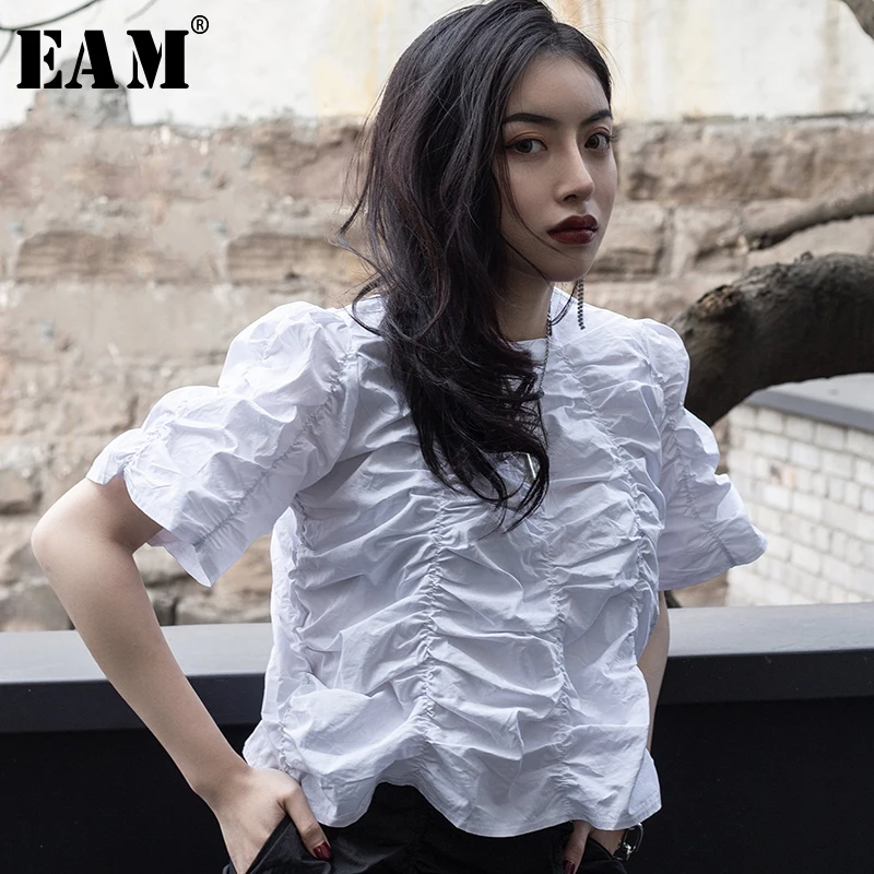 

[EAM] 2019 New Spring Summer Round Neck Short Sleeve White Fold Pleaed Stitch Loose Temperament T-shirt Women Fashion Tide JT524