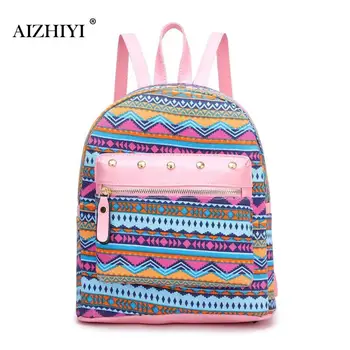 

Women Simple Fashion Ethnic Rivet Printing Backpacks Girls Large Capacity Knapsack Canvas Women Casual Travel Shoulder Bags