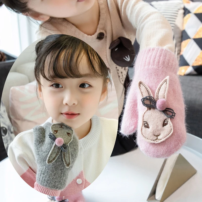 Wecute/перчатки из кролика с героями мультфильмов; зимние детские толстые теплые перчатки; Милые Шерстяные варежки с кроличьим мехом для девочек