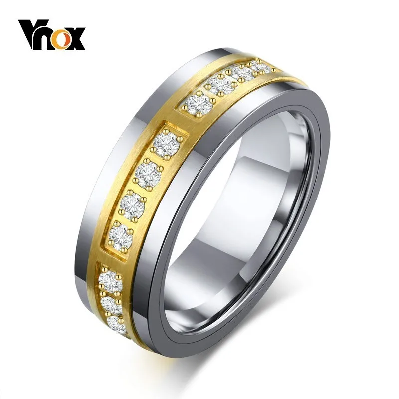 

Vnox Shiny Cubic Zirconia Rings for Men Gold and Silver Two-Tone Tungsten Carbide Wedding Bands anel anillo Gifts for Him