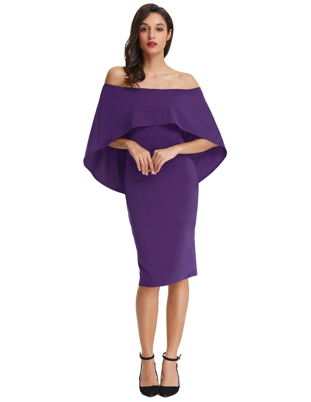 

GRACE KARIN Women Off Shoulder Batwing Cape Midi Dress Drape Decorated Bodycon Sheath Dress
