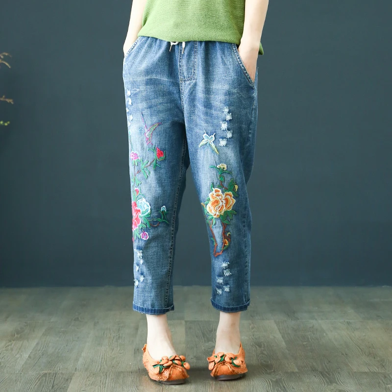 

Spring Summer Jeans Mujer High Waist Denim Jeans Woman Loose Boyfriend Washed Floral Embroidered Denim Pants Plus Size 3XL