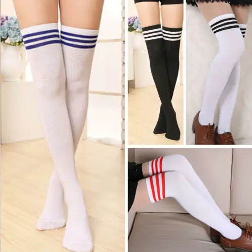 Girls Extra Long Knee Socks Solid Color Stitching Striped Stockings ...