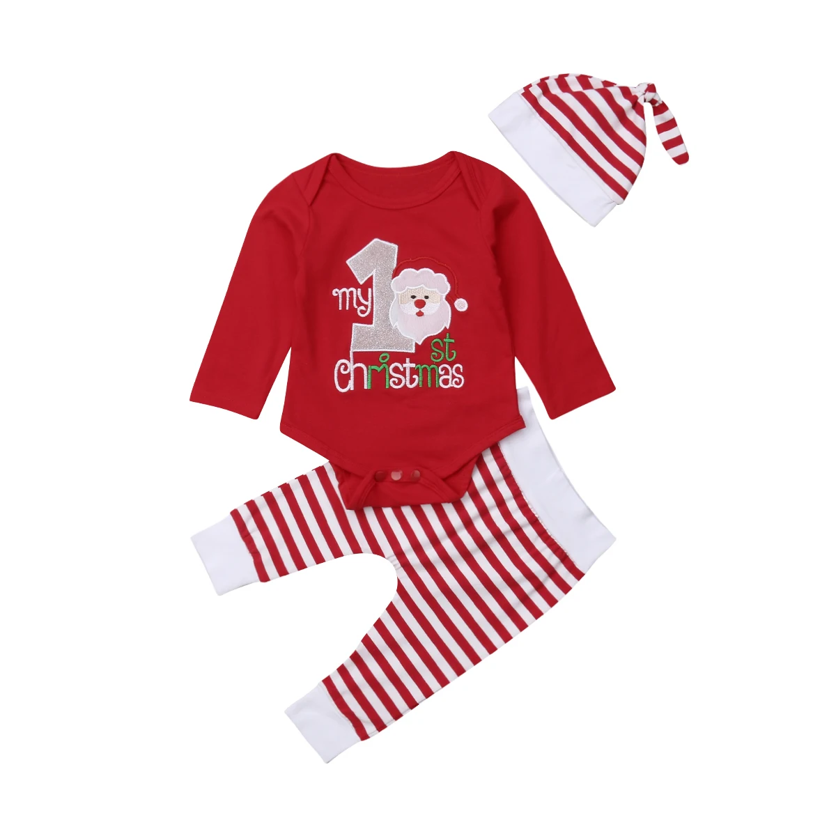 

Christmas Cute Casual Autumn Infant Kids Baby Girls Boys Clothes 3PCS Santa Letter Long Sleeve Romper Tops+Striped Pants+Hats