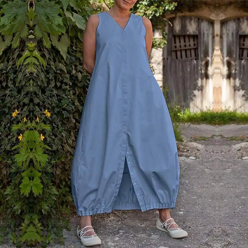 

ZANZEA Women V Neck Sleeveless Long Dress Summer Sundress Sarafans Female Buttons Solid Baggy Vest Vestido Mujer Sarafans Plus